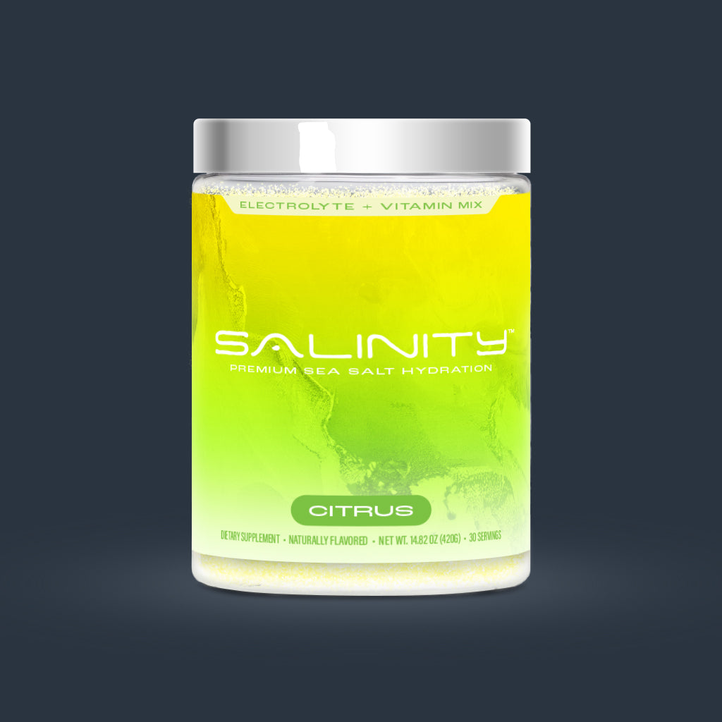 Salinity Citrus 30-serving tub on a deep navy background