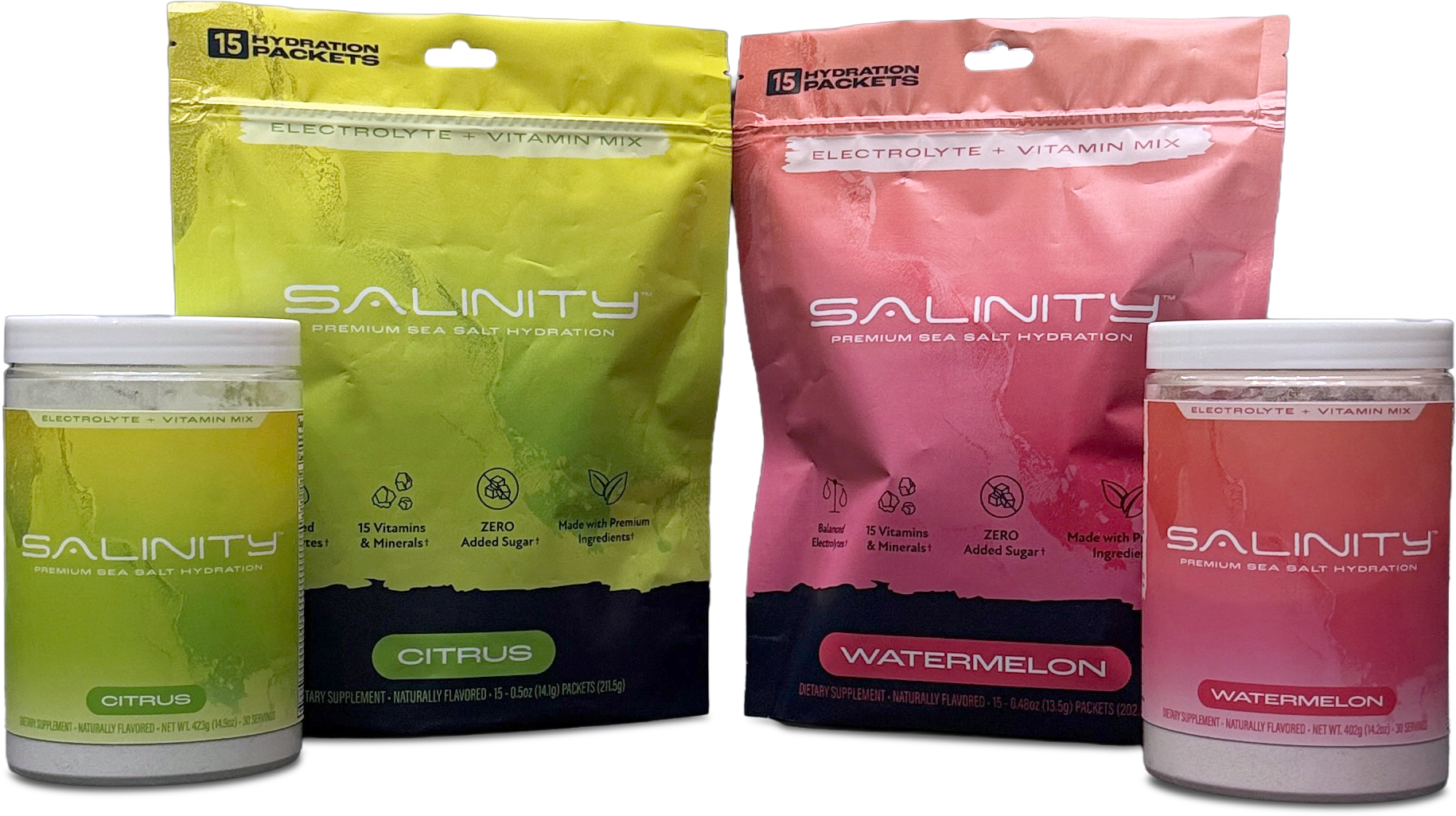 Salinity Citrus and Watermelon — hydration packet pouches and tubs