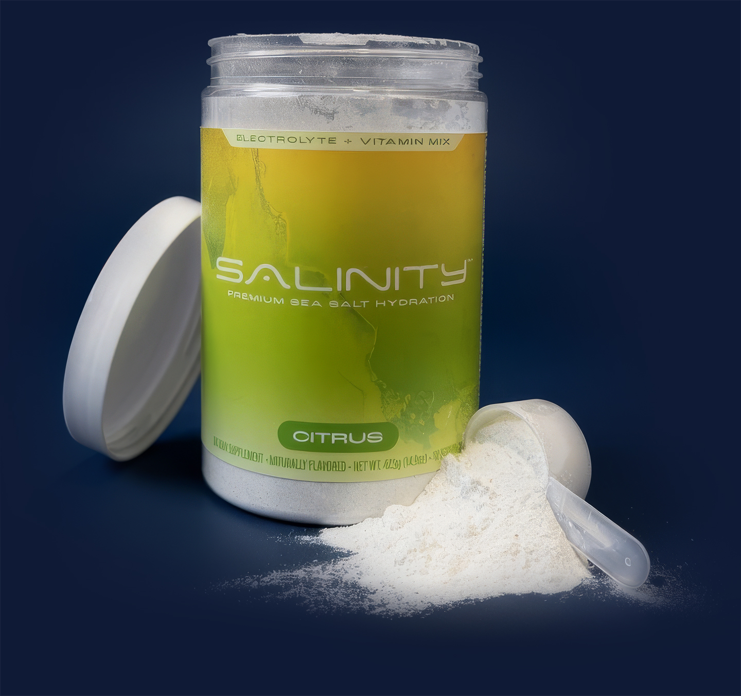 Salinity Citrus tub with the lid off beside a scoop and a pile of powder