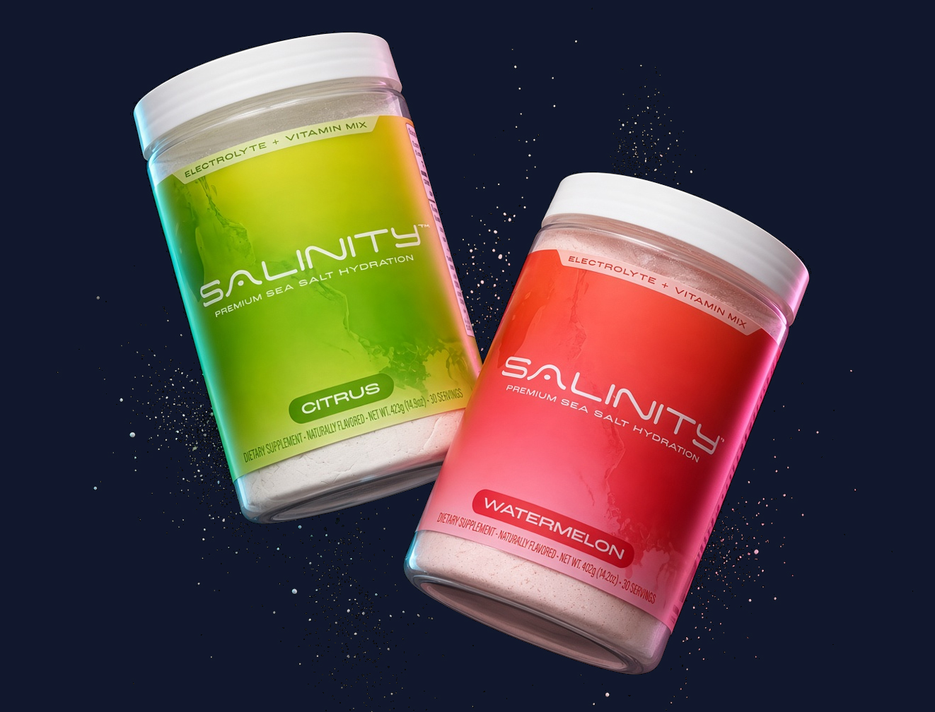 Salinity Citrus and Watermelon tubs on a deep navy background